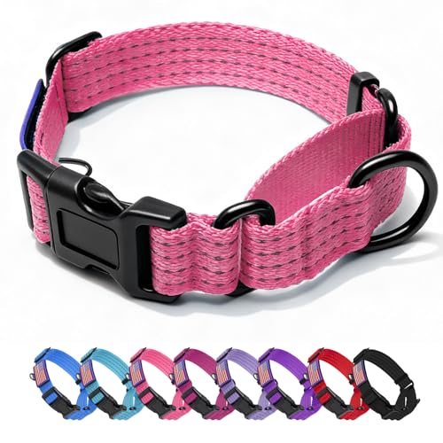 Image of Martingale Dog Collar Reflective NO Pull with USA Flag, L,Pink | Escape Proof without choking,Adjustable Limited Slip Collar with Quick Release Buckle, Nylon Walking Collar for S M L Dogs