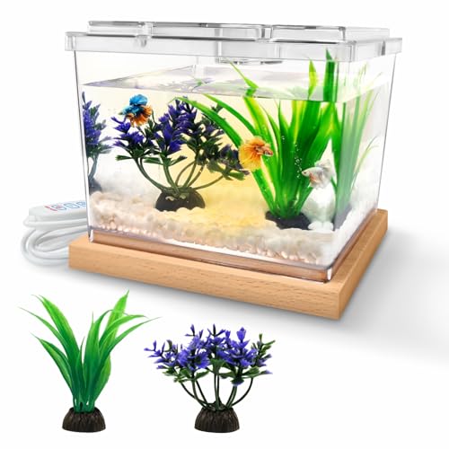 MoonOrange Mini Betta Fish Tank Kit with LED Light Base, Small Fish Bowl for Temporary Space, 0.2 Gallon Stackable Cube Tank with Artificial Plants for Small Fish, Insect, Shrimp, Crab, Spider (Kit-2)