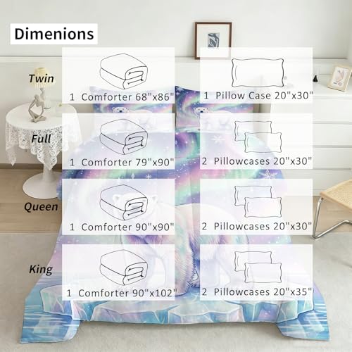 Image of Polar Bear Comforter Set King Size, Wild Animal Bedding Set for Kid Teen Boy Girl Adult, Northern Lights and Snowflake Print, Bedroom Decor 1 Comforter 2 Pillowcases