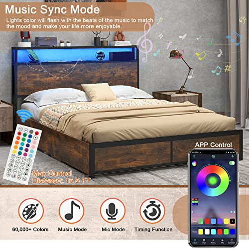 Komfott Industrial Metal Bed Frame With Led Lights, Queen Size Platform Bed Frame With 4 Roll-Out Storage Drawers, 2-Tier Storage Headboard, 2 Charging Outlets & Usb Port, No Box Spring Needed #TOP3