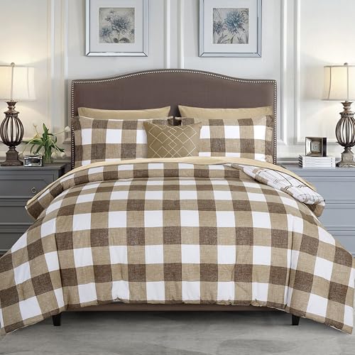 Image of Elegant Comfort 8-Piece Lodge Plaid Reversible Comforter Set - All Season Bed in a Bag, 4-Piece Sheet Set Featuring Smart Pockets, Matching Shams and Decorative Pillow, King /California King, Taupe