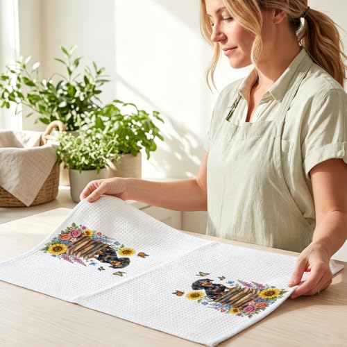 Image of 4 Pcs Cute Dachshund Floral Kitchen Towels 24x14 Inch, Floral Dachshund Gifts Reusable Dish Towels for Kitchen Bathroom Decor, Waffle Weave Absorbent Tea Towel, Weiner Dog Gifts for Women Mom Friend
