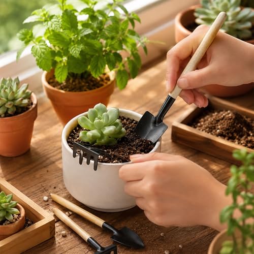 Set de 3 mini herramientas de jardín con mango de madera miniatura 2