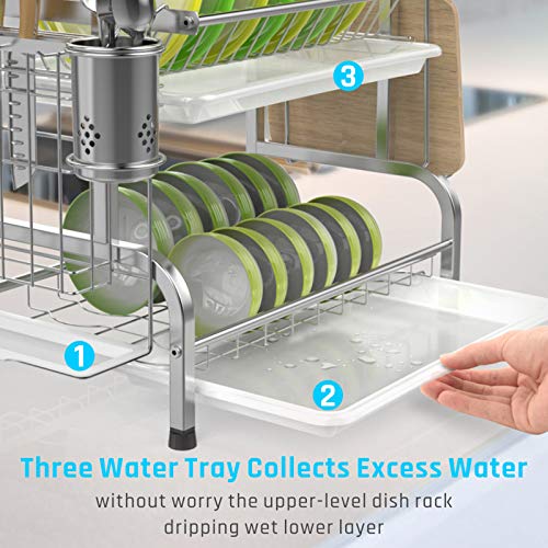 Dish Drying Rack, iSPECLE 304 Stainless Steel 2-Tier Dish Rack with Utensil Holder, Cutting Board Holder and Dish Drainer for Kitchen Counter
