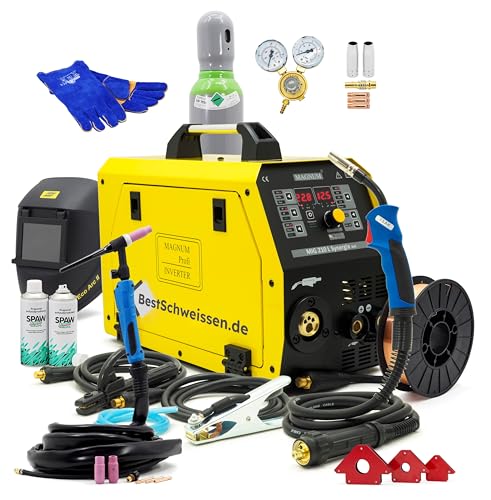Soldador MIG MAG con Gas sin Gas MAGNUM 210L   Soldador Hilo MIG 200A   Soldadora TIG Antorcha SR 17V 4m   Soldador Inverter TIG MMA   Kit Completo Botella Casco Escuadras Magnéticas (Set 2)