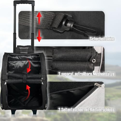 2IN1 Transporttasche mit Rollen bis 15kg Rucksack Trolley Hund Katze Hunderucksack Tasche (Schwarz)
