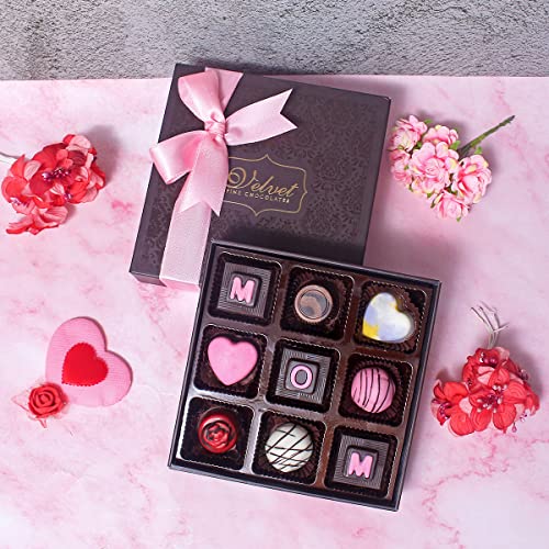 Image of Velvet Fine Chocolates Mother's Day Gift Hamper for MOM | Chocolate Gift Pack for Mother | 9 Assorted Chocolates with MOM written on the Chocolates