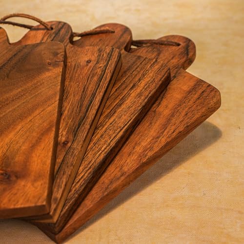 Image of Earthstone Serving Board Set of 4 | Handcrafted Acacia Wood & Serving Board for Snacks, Appetizers, Cheese & Desserts | Food-Safe Wooden Platter