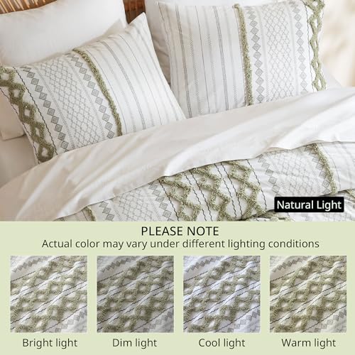 Image of Ink+Ivy Queen Duvet Cover Set Boho Chenille Tufted Cotton Duvet Cover for Queen Size Bed, All Season Queen Size Bedding Cover, Matching Shams, Imani, Full /Queen Sage Green /Ivory 3 Piece