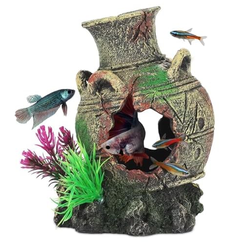 UNEAK – Aquarium Decorations Vase Jar Jug Sunken Fish Tank Decoration Ornament Landscaping Rocks Cave Saltwater Freshwater Small & Medium Fish Garden Pond Ornaments Resin
