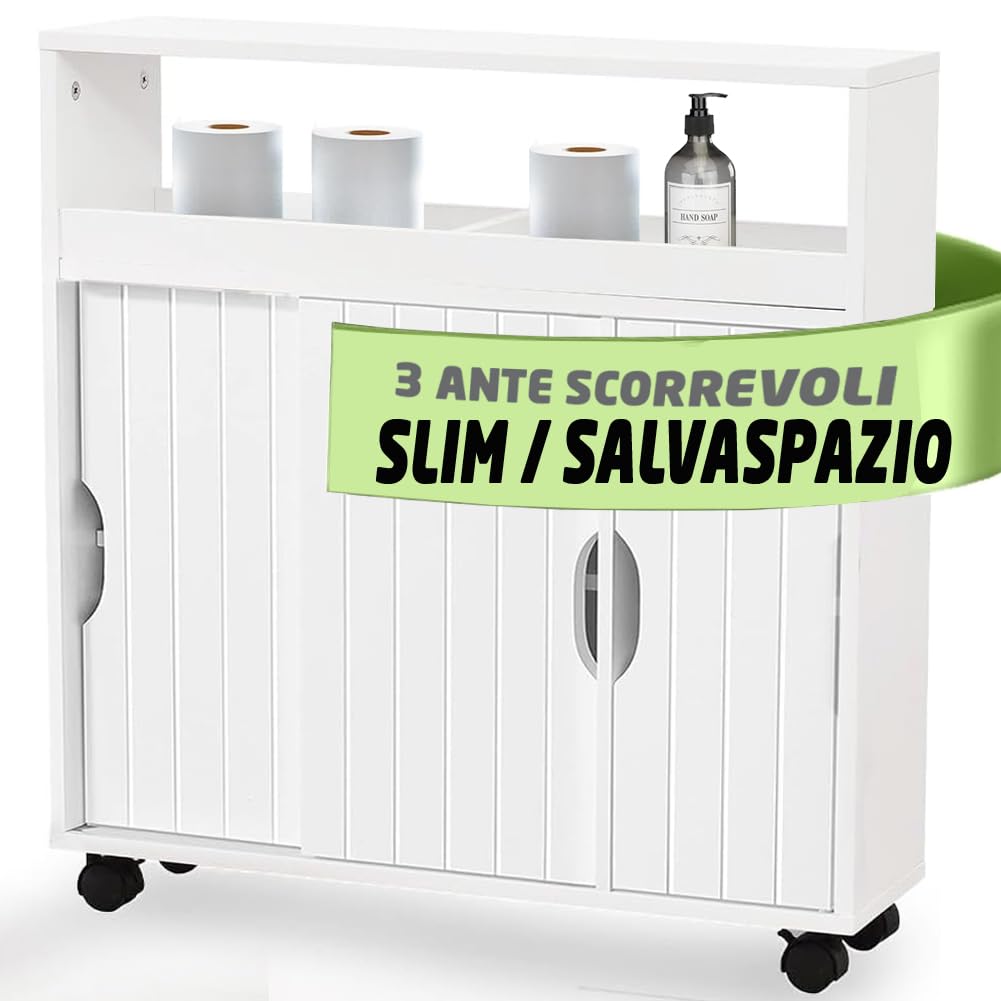 Shally Dogan Mobile da Bagno con 4 Ruote Girevoli a 360°, Carrellino Stretto con Ante Scorrevoli e Ripiani in Legno Bianco, Armadietto Carrello Slim Salvaspazio per Cucina, Sgabuzzino, Multiuso
