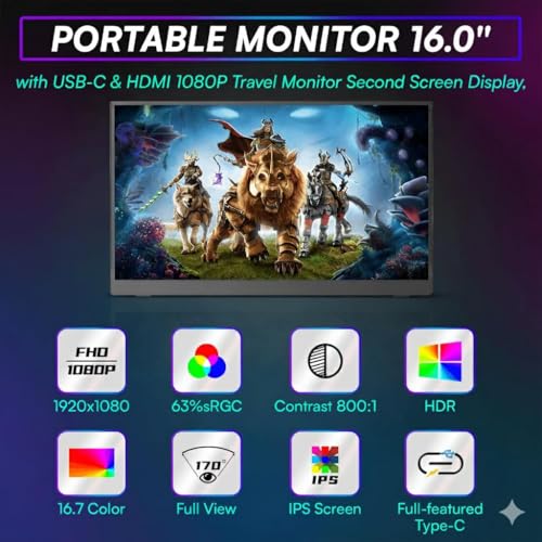 Image of 16.0 Inch FHD Portable Monitor | IPS Display | Ultra-Slim Foldable Screen Extender | USB Type-C & HDMI | Compatible with Laptop, PC, Mac, Smartphone (16.0 inch Inches)
