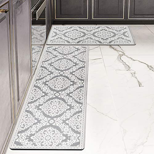 Kitchen Rug Set,LEEVAN Kitchen Floor Mats 2 Piece PVC Leather Anti Fatigue Comfort Heavy Duty Standing Mat Waterproof Oil Proof Non-Skid Rubber Back Washable Doormat Bathroom Area Rug Carpet