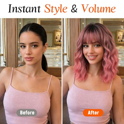 Image of Nnzes Pink Wig with Bangs for Women Short Bob Wavy Charming Synthetic Wigs with Natural Shoulder Length Curly Heat Resistant Fiber Hair for Daily Party Use