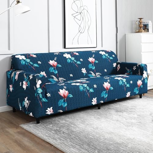 Image of Universal 3 Seater Sofa Cover with Elasticity, Protective, Stretchable, Spandex & Polyester Sofa Slipcover (3 Seater, 185cm * 230cm) (Blue Flower)