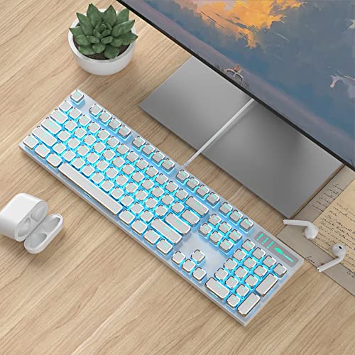 Image of MageGee Typewriter Mechanical Gaming Keyboard, Retro Punk Square Keycap LED Backlit USB Wired Keyboards for Game and Office, for Windows Laptop PC Mac - Blue Switches /White