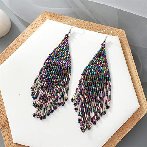 Color Boho Rice Beads Tassel Earrings.multicolor Long Beaded Dangle Earrings Handmade Woven Drop Earrings Jewelry Gifts For Women Girls (Colorful) #TOP3