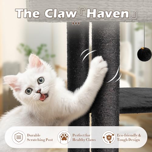Image of KAMABOKO Modern Cat Tree, 39 inch Tall Cat Trees for Indoor Cats, Cat Condo Natural Sisal with Scratching Posts, Hand-Woven Tower & Top Perch, Cat-Tree for Kittens Climb Play & Rest Black