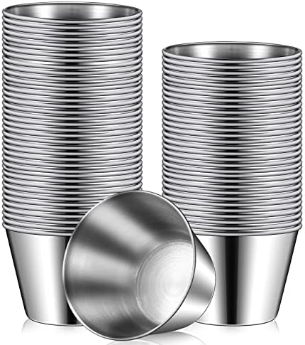 Potchen 60 Pcs Stainless Steel Sauce Cups 2.5 oz Round Condiments Ramekins Individual Condiment Cups Metal Dipping Bowls