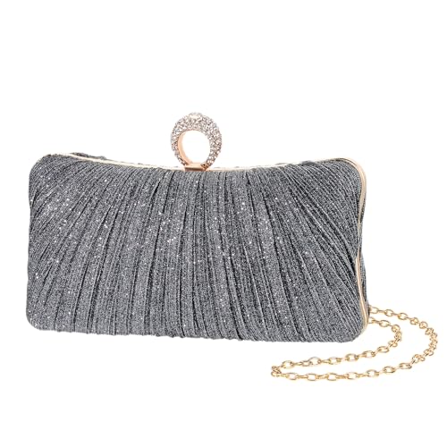 Image of Womens Golden Glitter Clutch Purse Pleated Evening Bag for Bridal Wedding Party with Rhinestone Ring