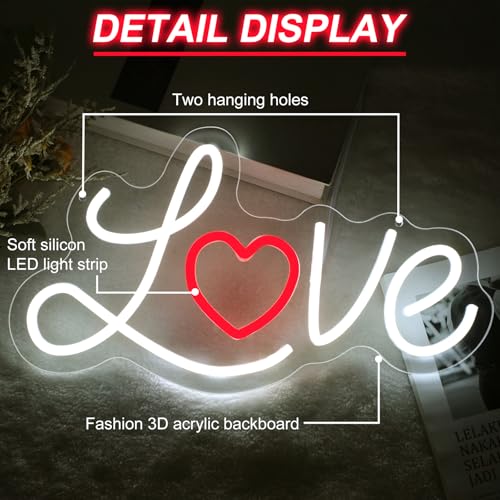 Image of Valentines Day Love Neon Sign, Dimmable LED Valentines' Day Neon Light for Wall, Wedding Anniversary Birthday Gift for Bedroom Party Decor, 15.7 inchx8.7 inch