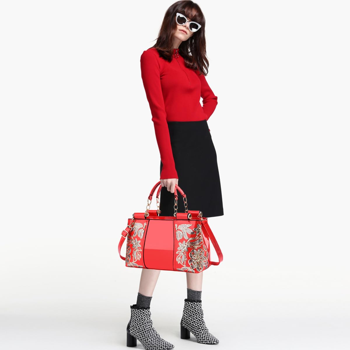 NICOLE & DORIS Mode Sac à Main en Cuir de épaule Sac Fourre Tout Sac Pailleté Sacs Portés Main Impermeable Sac Bandouliere Rouge