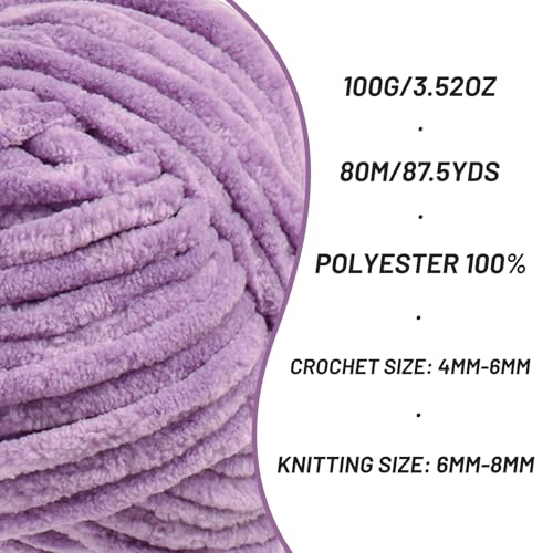 Image of 3 Pack Fluffy Chenille Yarn for Crocheting, Chunky Velvet Yarns for Crochet Amigurumi, Baby Yarn for Crocheting Soft Blanket, 262.4yds /10.5 oz Bulky Yarns for Crafts /Hats /Shoes /Socks (3 Light Purple)