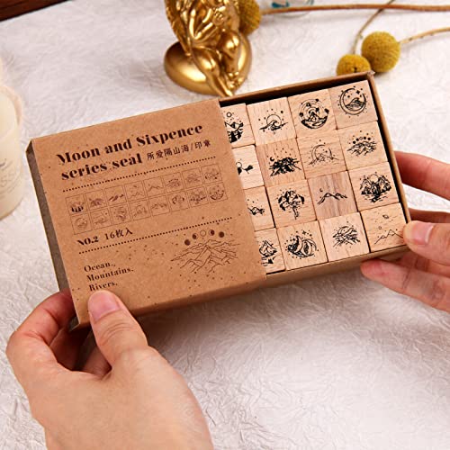 Vintage Wooden Rubber Stamps, RISYPISY 16Pcs Mountain Decorative Rubber Stamp for Scrapbooking, Diaries, Planners, Cards
