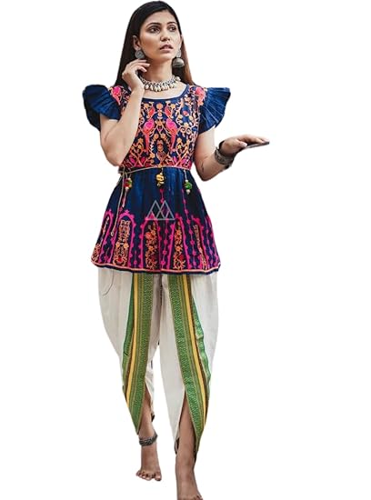 Women Indian Cotton Gujarati Garba Embroidered Kediya Dandiya Navratri Dress Kurta with Dhoti Pants