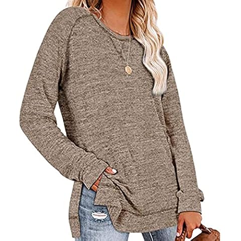 WXDSNH Women T-Shirt Solid Color Sports Sweatshirt Cross Round Neck Long-Sleeved Split Top Khaki Cover