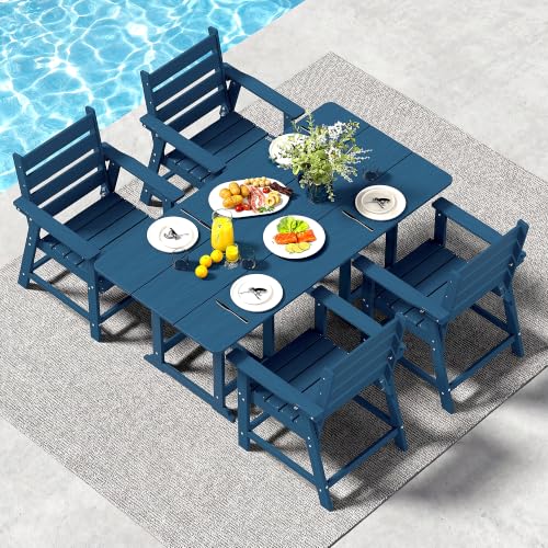 Image of 5-Piece Dining Set, HDPE Table & 4 Chairs, Blue | HDPE Dining Set All-Weather, No Rust No Crack , 69.1 inch Table , 304 Stainless ,Wood‑Grain Outdoor Patio Set