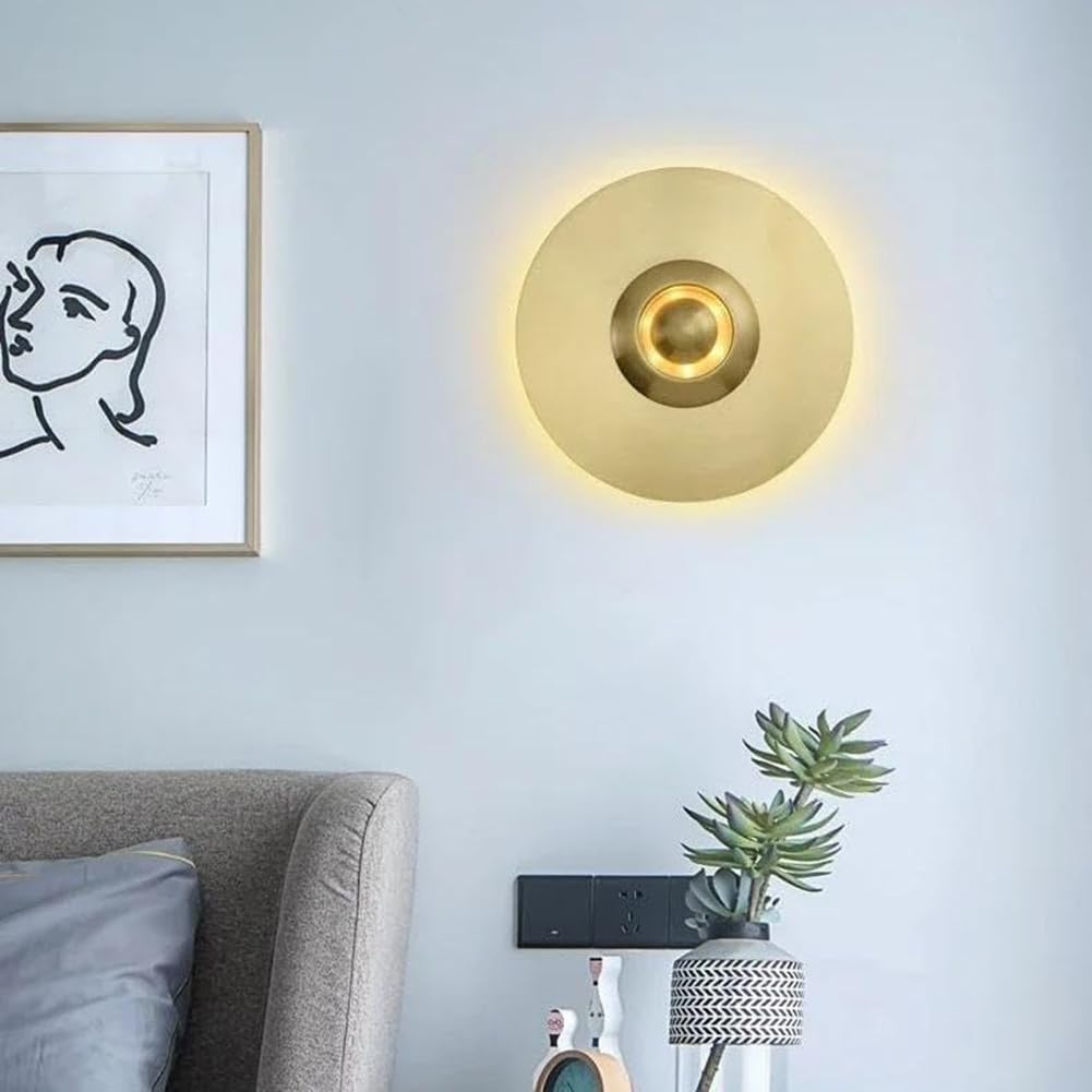 LOGT LED Wall Light for Indoor Use, Gold, Modern Wall Lamp, Copper Lamp, Round Art Deco Living Room Lamp, 30cm, Creative Lighting, Walllamp with 3 Colour Modes for Hallways, Stairwells,B