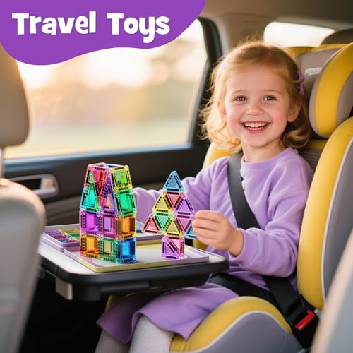 Image of 42-Piece Mini Magnetic Tiles Travel Set with Metal Storage Box - Portable STEM Building Blocks for Kids Ages 3-8, Montessori Educational Toys for Airplane & Car Rides, Gift for Boys & Girls
