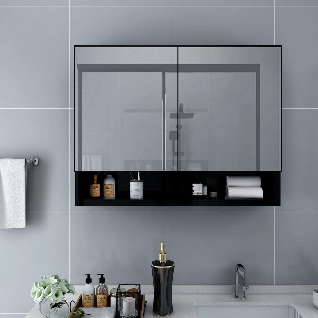 Szafka z lustrem LED do łazienki, czarna, 80 x 15 x 60 cm, płyta MDF z melaminą, przyłącze USB, 2 drzwi, 3 półki, montaż ścienny do umywalki i umywalki, oszczędność miejsca do przechowywania