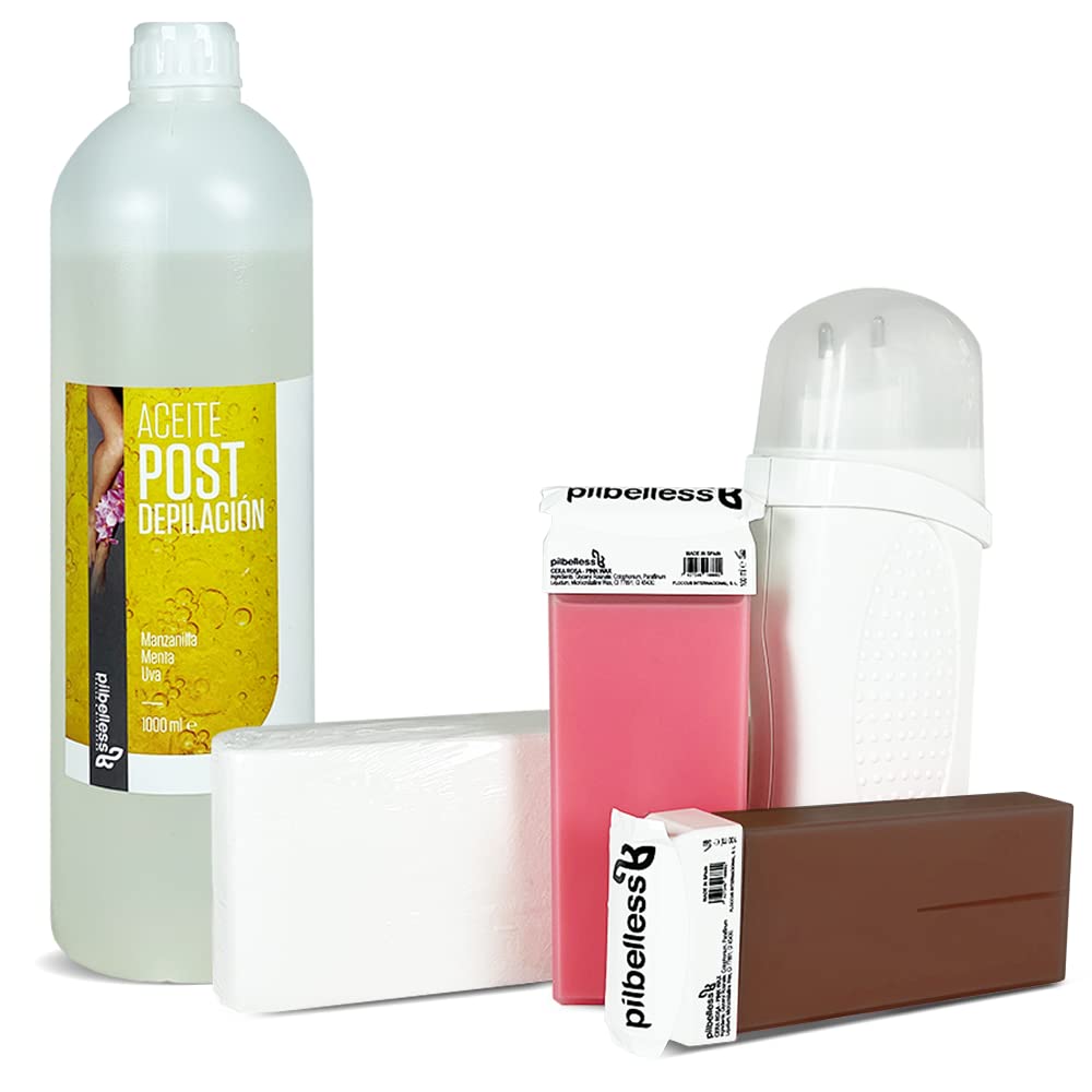 Kit de Depilación Roll On Calentador + 2 Cartuchos de Cera Roll On (Rosa y Chocolate) + 100 Bandas Depilatorias + Aceite Post Depilatorio