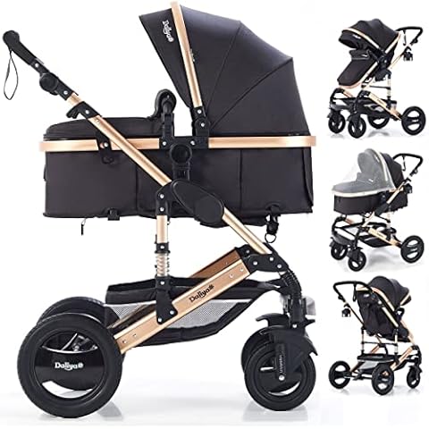 Kombi Kinderwagen 2in1 Bambimo mit Alu-Rahmen - Klick System - 4 Reifen zum abnehmen - mit extra großem Einkaufskorb - 2in1 Sportsitz - Platzsparend (Schwarz - Gold) Cover