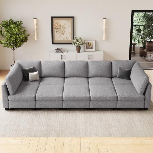 Image of Belffin Cloud Couch with Deep Seat Linen Sectional Sleeper Sofa Apartment Couch. Light Grey Sofa