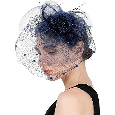 Flydreamfeathers Fascinator Hat for Women Tea Party Wedding Headband, 1920s Fascinator Hat with Veil Pillbox Hat (Navy-2) Cover