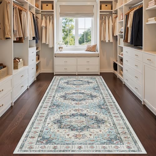 Madane 4x12 Wide Hallway Runners: Washable Runner Rug for Entryway Living Room Soft Vintage Non Slip Carpet Runner for Kitchen Dining Room Nursery Bedroom Thin Area Rug (Blue, 4x12ft)