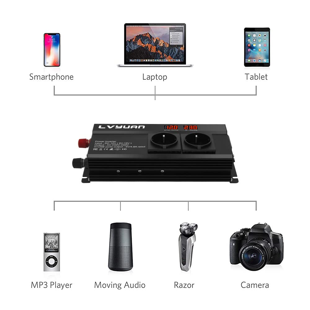 LVYUAN Convertisseur 12V à 220V 800W/1600W Onduleur avec 4 Ports USB, 3 AC et 2 LED Display