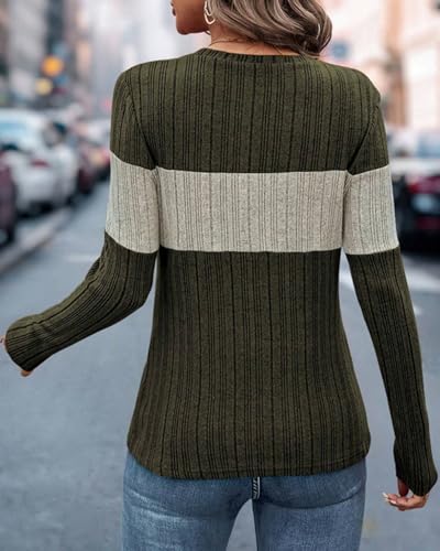 Image of SherryDC Women Long Sleeve Tunic Shirts Lightweight Thin Sweater Color Block Ribbed Casual Crewneck Fall Top