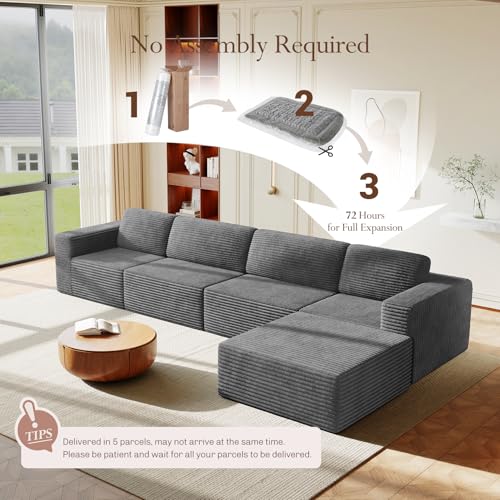 Image of Vesgantti 159 inch Large Modular Sectional Sofa, L-Shaped Corduroy Cloud Couch with Deep Seats & Spring Support, 4-Seater Boneless Sofa with Movable Ottoman, No Assembly Needed, Grey