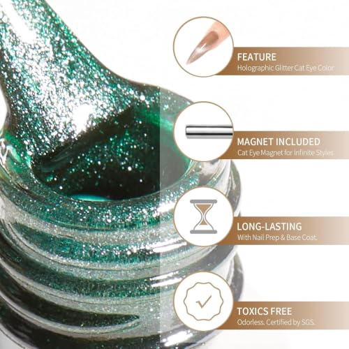 Image of Cat Eye Gel Polish with Dual Magnet 15ML Holographic Glitter Magnetic Soak-Off UV /LED Gel Polish for Salon & DIY Nail Art (EMERALD AURORA)