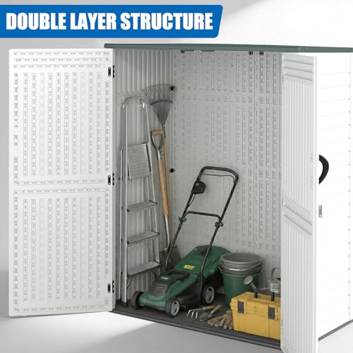Image of EHHLY Vertical Resin Storage Shed, 60 Cuft Garden Tool Sheds & Outdoor Storage, Plastic Outdoor Storage Cabinet Waterproof, 4.5 x 2.3 ft Backyard Outside Lawn Mower Storage Shed, Light Grey