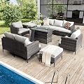 WELYAS 10 Piece Luxury Patio Furniture Set with 44" Fire Pit Table All Weather Outdoor Sectional with Thick Cushions Wicker Patio Conversation Set for Heavy People Backyard, Deck, Garden