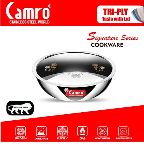 Image of Camro Triply Artisian Tasla (1.2 Liters, 20 Cm) with Steel Lid | Stainless Steel Induction Friendly | 3-Layer Body, Dishwasher Safe | 6 Years Warranty
