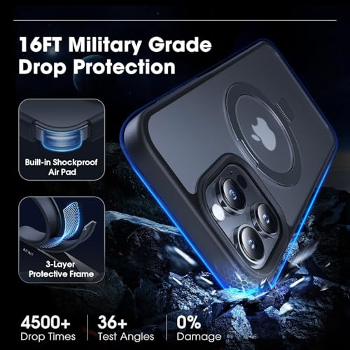 Image of DIZORO Magnetic Ring Stand for iPhone 15 Pro Max Case [Military Drop Protection] [Compatible with MagSafe] Shockproof Matte Translucent Slim Phone Case - Black.