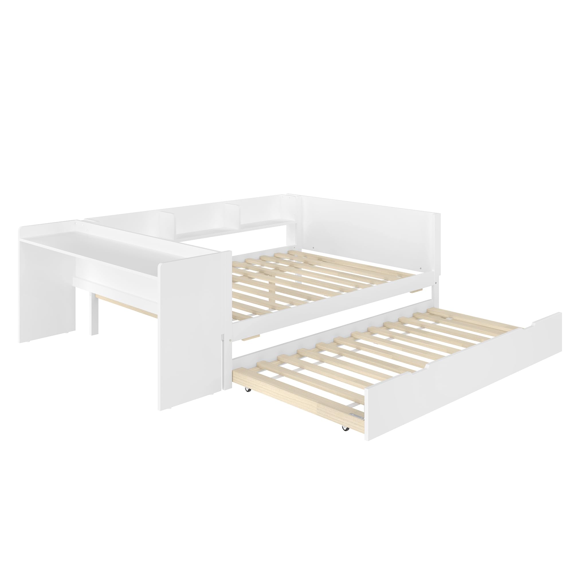 Cama de madera, con escritorio, con cama oculta, cama nido, cama doble (sin colchón), con estantes (Blanco, 140cmx200cm)