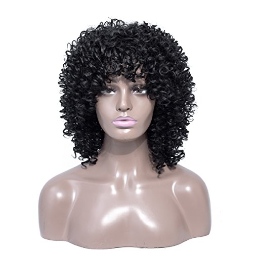Curly Wigs with Bangs for Woman High Density Afro Kinky Curly Hair Short Wigs with Adjustable Straps Heat Resistance Fiber Synthetic Hair Natural Black Color (#2)