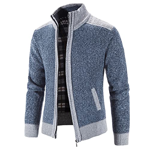 Image of Lu's Chic Men's Long Sleeve Cardigan Sweater Thermal Slim Fit Full Zip Quilted Jacket Business Casual Knit Coats Pocket